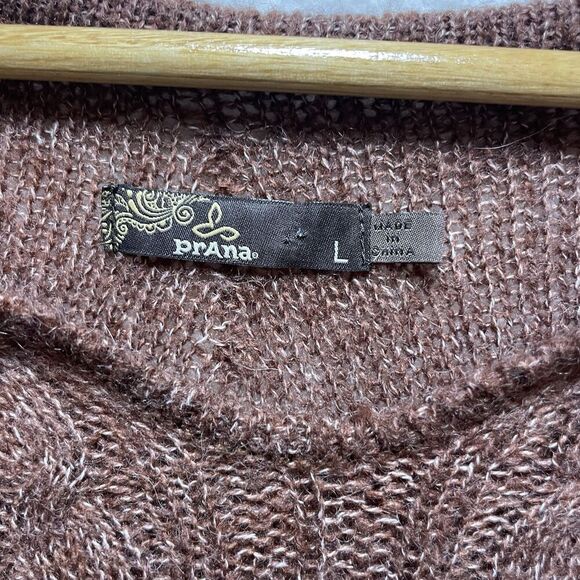 prAna Shelby Poncho Sweater Large Wool Knit Cable Fringe Boho Brown Red Rust - Picture 5 of 8